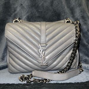 Saint Laurent Chevron Quilted Shoulder Bag in Gray with Silver Hardware